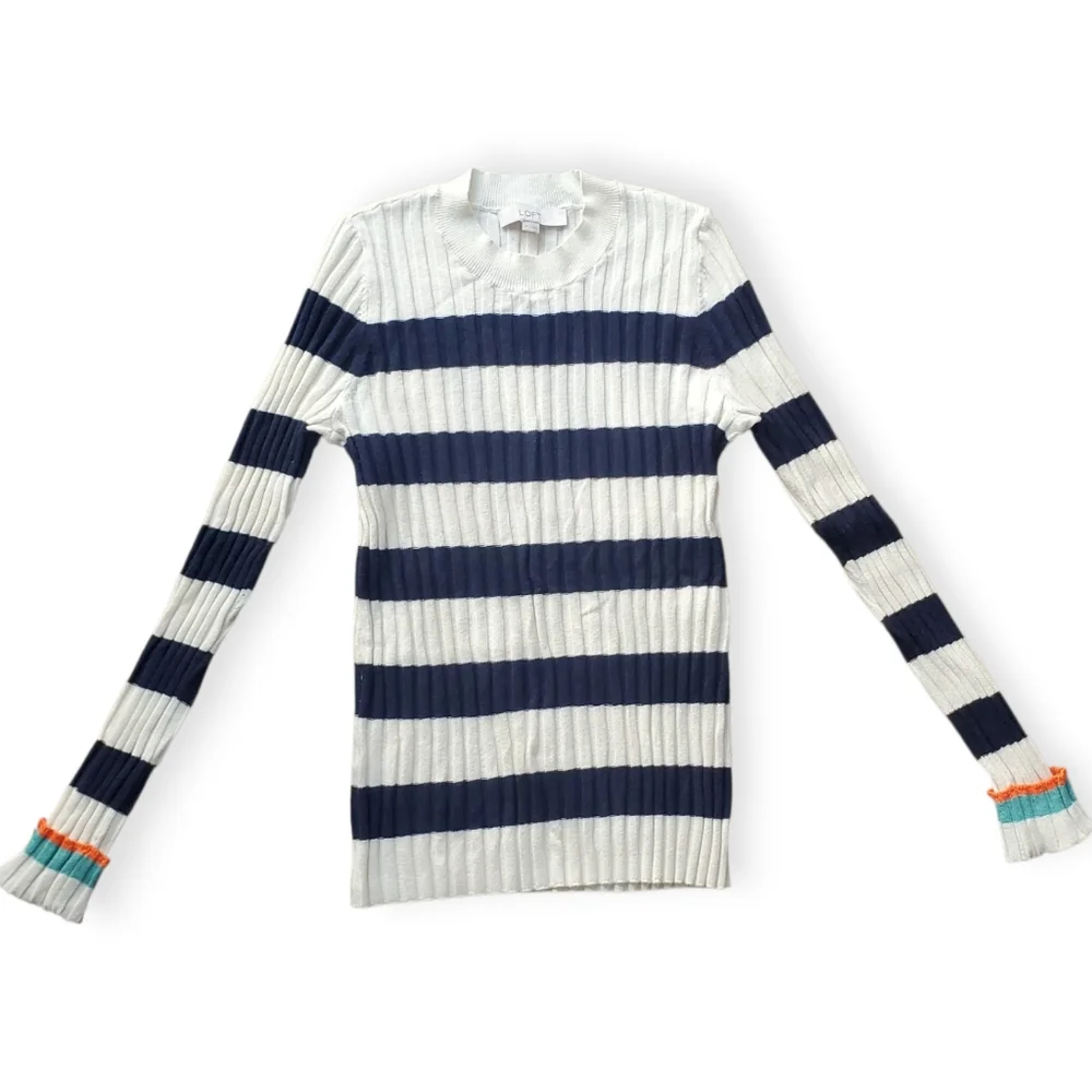 LOFT Navy and Cream Striped Sweater - Picture 1 of 3
